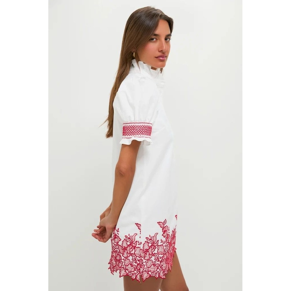 Hyacinth House Eliza Mini Dress White Red Embroidery Smocked Ruffle Neck NWT M - Picture 3 of 16
